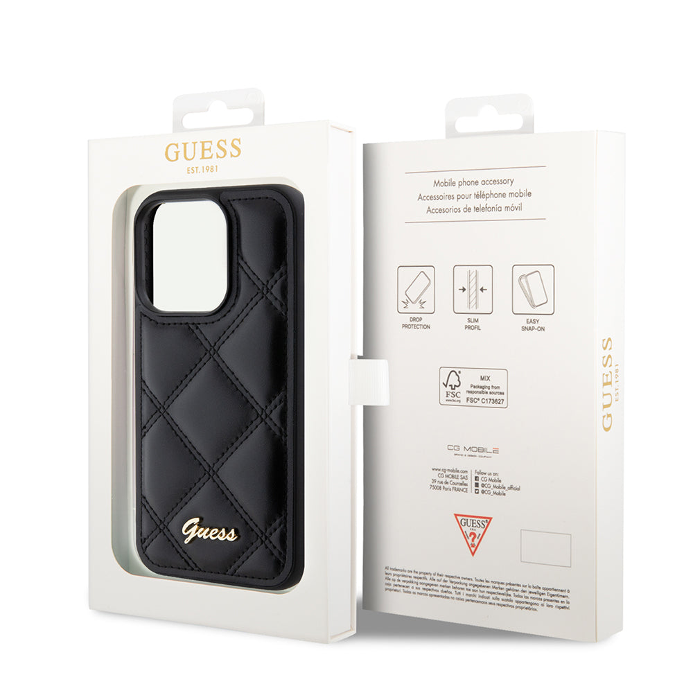Apple iPhone 14 Pro Max Kılıf Guess Orjinal Lisanslı PU Deri Metal Yazı Logolu Kapitone Kapak