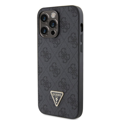 Apple iPhone 14 Pro Max Kılıf Guess Orjinal Lisanslı PU Deri Taşlı Metal Üçgen Logolu Çapraz Vücut Askılı 4G Desenli Kapak