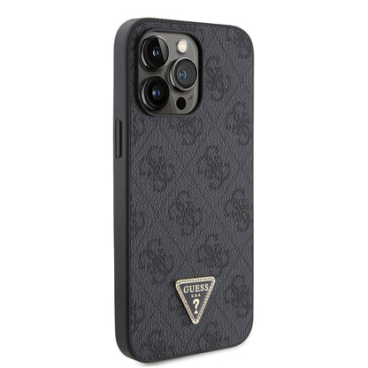 Apple iPhone 14 Pro Max Kılıf Guess Orjinal Lisanslı PU Deri Taşlı Metal Üçgen Logolu Çapraz Vücut Askılı 4G Desenli Kapak