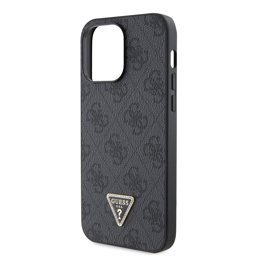 Apple iPhone 14 Pro Max Kılıf Guess Orjinal Lisanslı PU Deri Taşlı Metal Üçgen Logolu Çapraz Vücut Askılı 4G Desenli Kapak