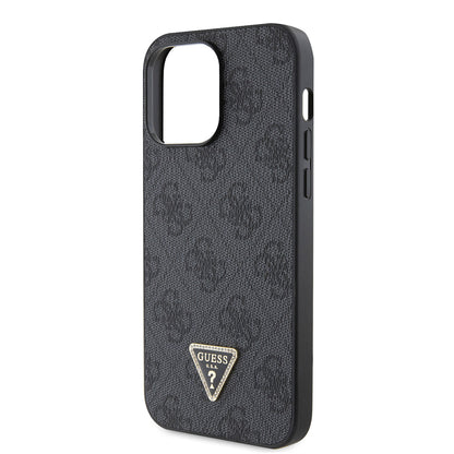 Apple iPhone 14 Pro Max Kılıf Guess Orjinal Lisanslı PU Deri Taşlı Metal Üçgen Logolu Çapraz Vücut Askılı 4G Desenli Kapak
