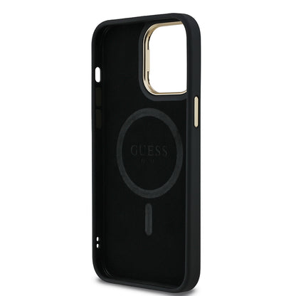 Apple iPhone 14 Pro Max Kılıf Guess Orjinal Lisanslı PU Deri Taşlı Üçgen Logo 4G Desenli Kamera Standlı Kapak