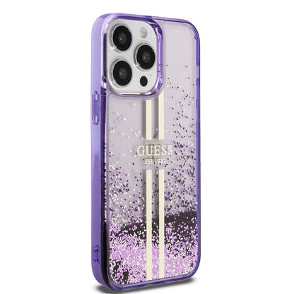 Apple iPhone 14 Pro Max Kılıf Guess Orjinal Lisanslı Transparan Sıvılı Simli Altın Çizgili Kapak