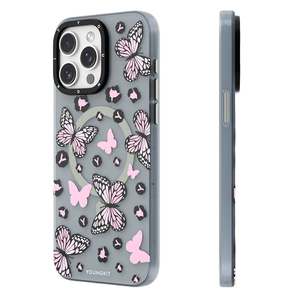 Apple iPhone 14 Pro Max Kılıf M-safe Şarj Özellikli Kelebek Desenli Youngkit Shadow Dance Serisi Kapak