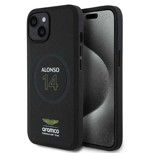 Apple iPhone 15 Kılıf Aston Martin Orjinal Lisanslı M-safe Şarj Özellikli PU Deri Alonso 14 Baskılı Kapak