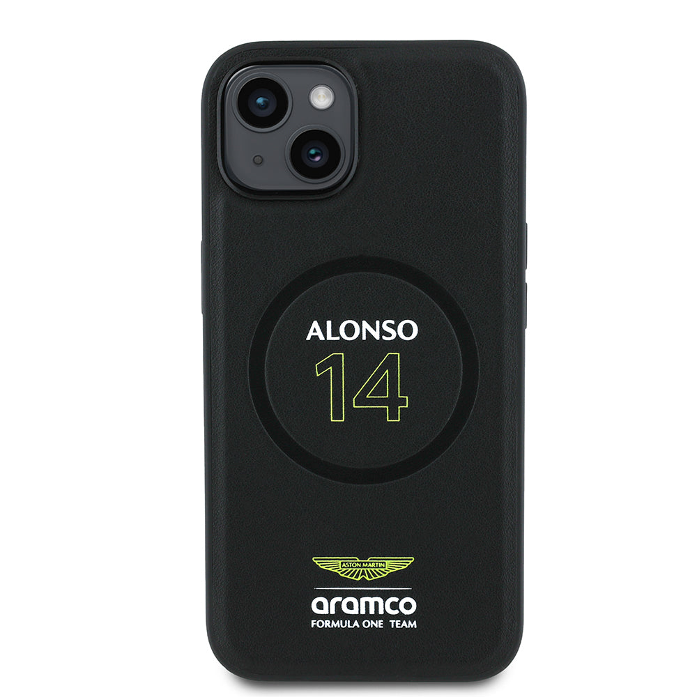 Apple iPhone 15 Kılıf Aston Martin Orjinal Lisanslı M-safe Şarj Özellikli PU Deri Alonso 14 Baskılı Kapak