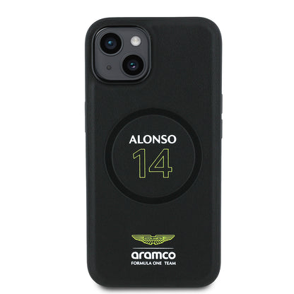 Apple iPhone 15 Kılıf Aston Martin Orjinal Lisanslı M-safe Şarj Özellikli PU Deri Alonso 14 Baskılı Kapak