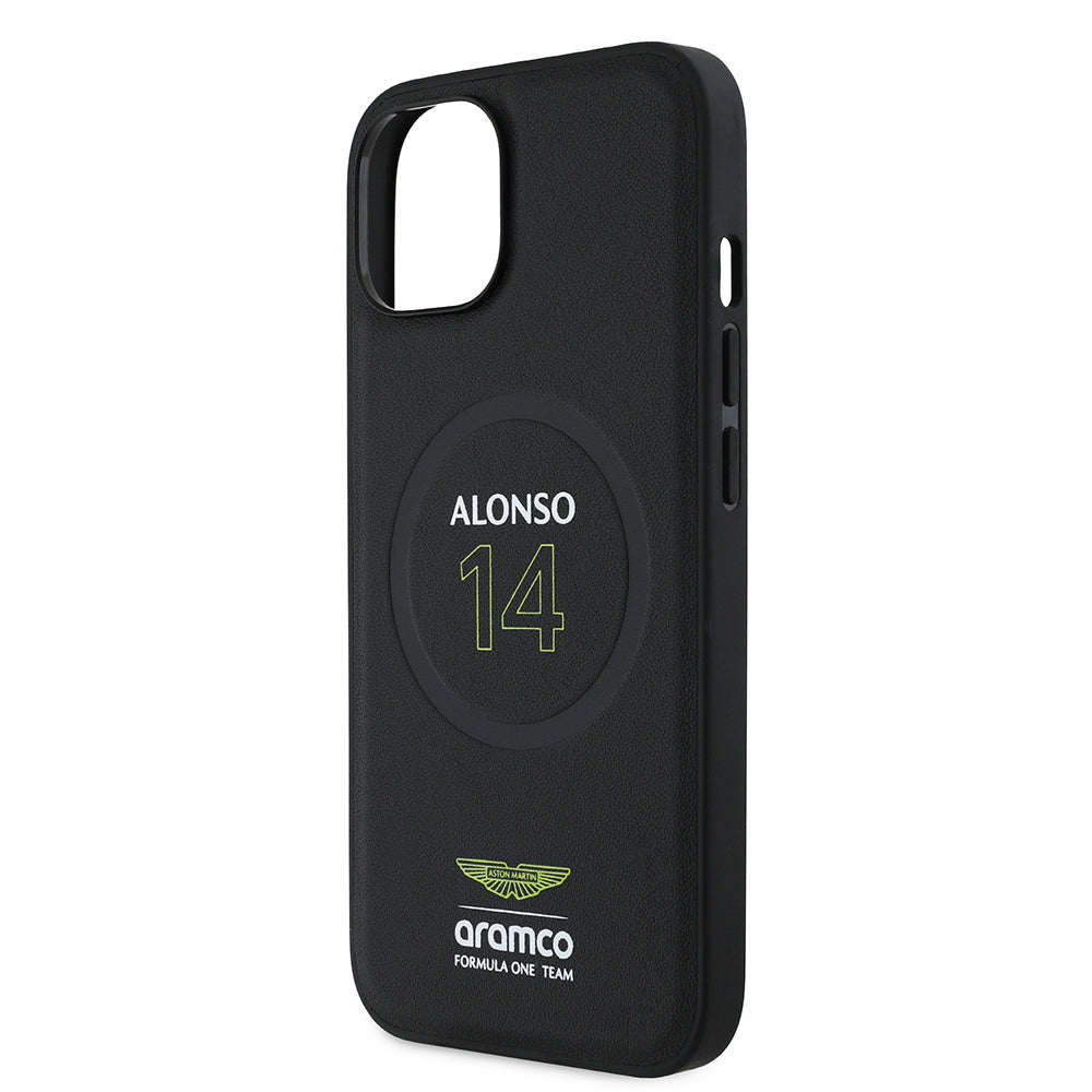 Apple iPhone 15 Kılıf Aston Martin Orjinal Lisanslı M-safe Şarj Özellikli PU Deri Alonso 14 Baskılı Kapak