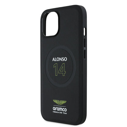 Apple iPhone 15 Kılıf Aston Martin Orjinal Lisanslı M-safe Şarj Özellikli PU Deri Alonso 14 Baskılı Kapak