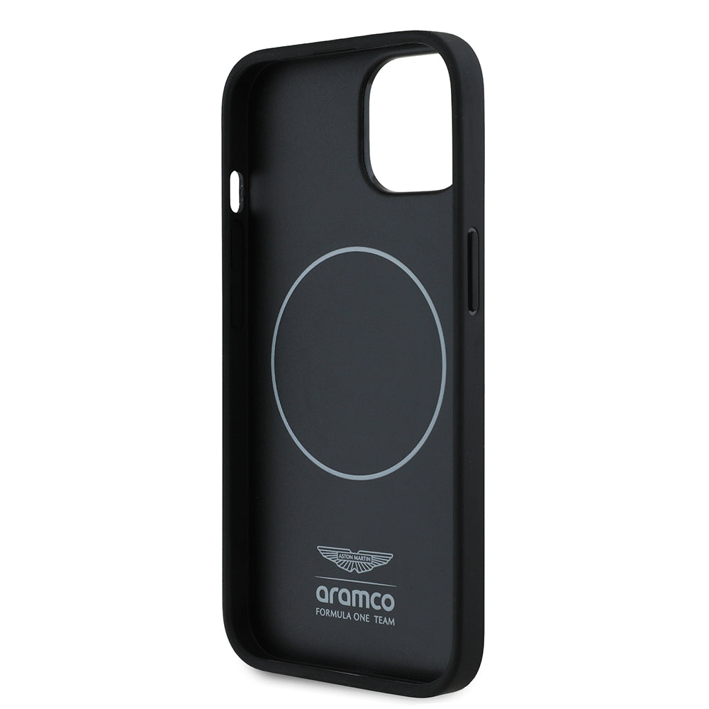 Apple iPhone 15 Kılıf Aston Martin Orjinal Lisanslı M-safe Şarj Özellikli PU Deri Alonso 14 Baskılı Kapak