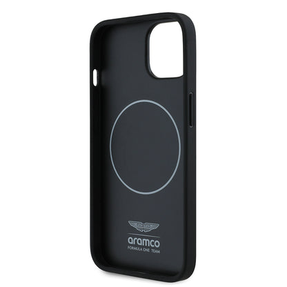 Apple iPhone 15 Kılıf Aston Martin Orjinal Lisanslı M-safe Şarj Özellikli PU Deri Alonso 14 Baskılı Kapak