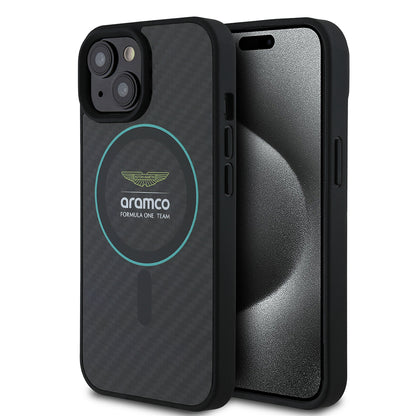 Apple iPhone 15 Kılıf Aston Martin Orjinal Lisanslı M-safe Şarj Özellikli Renkli Halka ve Karbon Fiber Tasarımlı Kapak
