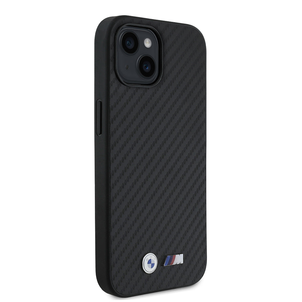 Apple iPhone 15 Kılıf BMW Orjinal Lisanslı Karbon Fiber Tasarımlı ve Metal Logolu PU Deri Kapak