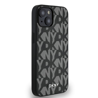 Apple iPhone 15 Kılıf DKNY Orjinal Lisanslı M-safe Şarj Özellikli 3D Yazılı Grid Pattern Kapak