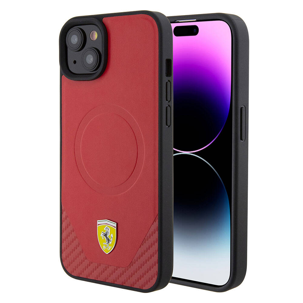 Apple iPhone 15 Kılıf Ferrari Orjinal Lisanslı M-safe Şarj Özellikli Metal Logolu PU Karbon Kapak
