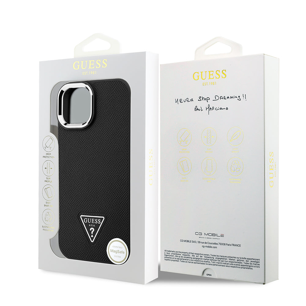 Apple iPhone 15 Kılıf Guess Orjinal Lisanslı M-safe Şarj Özellikli Grained Triangle Kapak