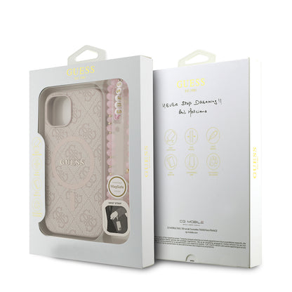 Apple iPhone 15 Kılıf Guess Orjinal Lisanslı M-safe Şarj Özellikli PU Deri Bilek Askı İpli Yazı Logolu Kapak