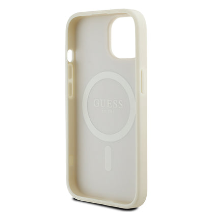 Apple iPhone 15 Kılıf Guess Orjinal Lisanslı M-safe Şarj Özellikli Sıcak Baskılı Üçgen Logolu PU Deri Peony Kapak