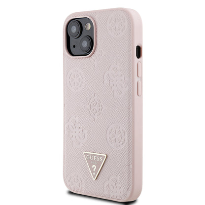 Apple iPhone 15 Kılıf Guess Orjinal Lisanslı M-safe Şarj Özellikli Sıcak Baskılı Üçgen Logolu PU Deri Peony Kapak