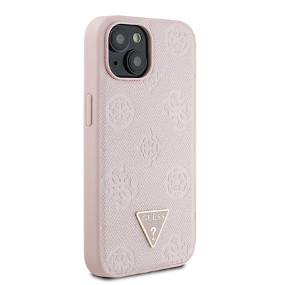 Apple iPhone 15 Kılıf Guess Orjinal Lisanslı M-safe Şarj Özellikli Sıcak Baskılı Üçgen Logolu PU Deri Peony Kapak
