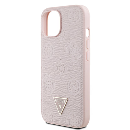 Apple iPhone 15 Kılıf Guess Orjinal Lisanslı M-safe Şarj Özellikli Sıcak Baskılı Üçgen Logolu PU Deri Peony Kapak
