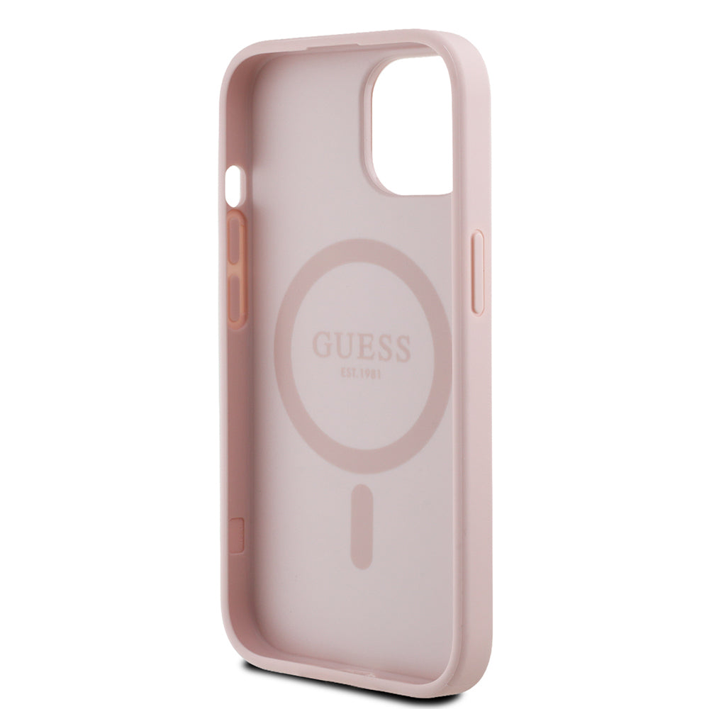 Apple iPhone 15 Kılıf Guess Orjinal Lisanslı M-safe Şarj Özellikli Sıcak Baskılı Üçgen Logolu PU Deri Peony Kapak
