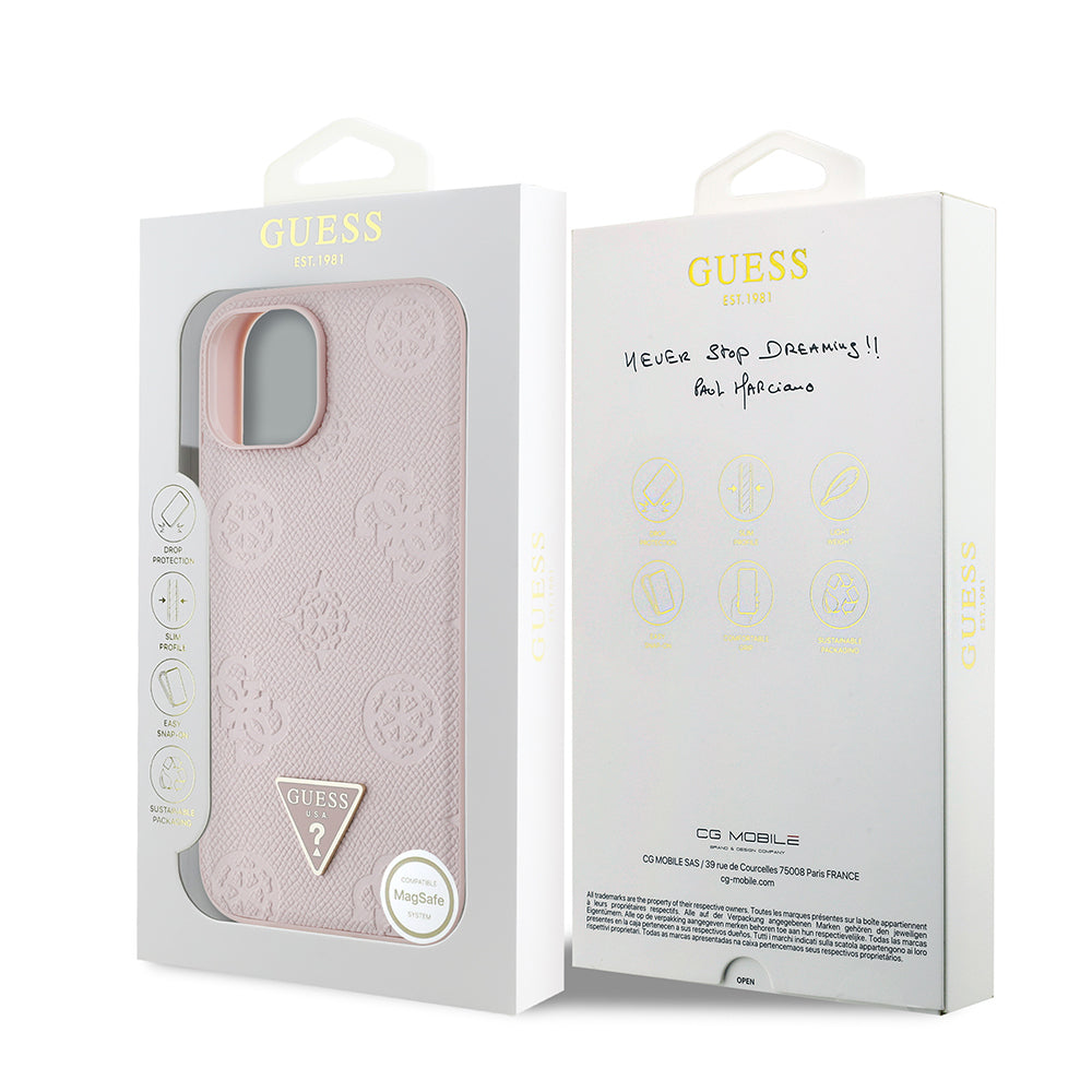 Apple iPhone 15 Kılıf Guess Orjinal Lisanslı M-safe Şarj Özellikli Sıcak Baskılı Üçgen Logolu PU Deri Peony Kapak