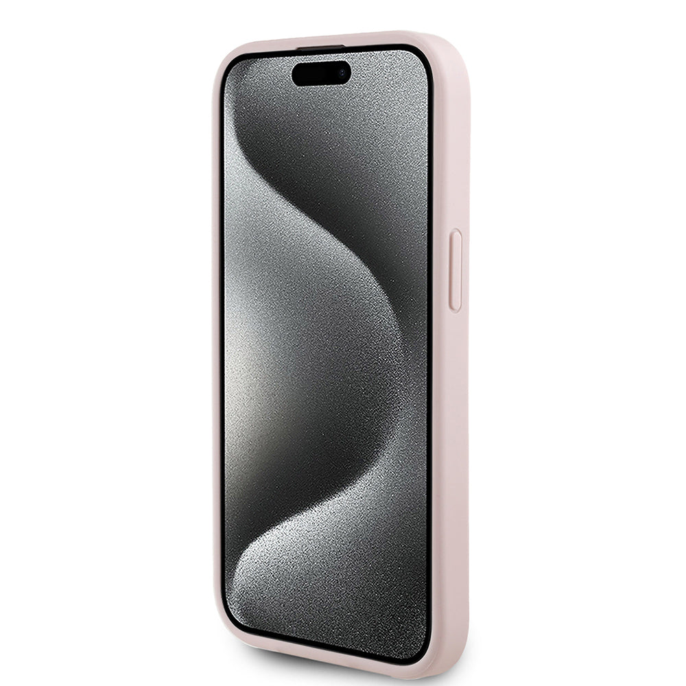 Apple iPhone 15 Kılıf Guess Orjinal Lisanslı M-safe Şarj Özellikli Taneli Çiçek Tasarımlı Metal Yazı Logolu Kapak