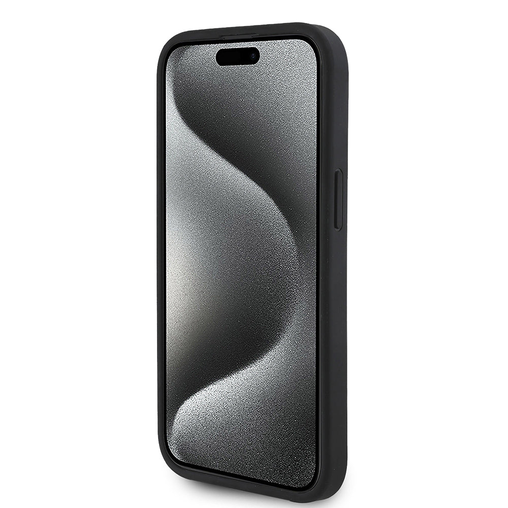 Apple iPhone 15 Kılıf Guess Orjinal Lisanslı M-safe Şarj Özellikli Taneli Çiçek Tasarımlı Metal Yazı Logolu Kapak