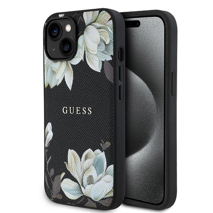 Apple iPhone 15 Kılıf Guess Orjinal Lisanslı M-safe Şarj Özellikli Taneli Çiçek Tasarımlı Metal Yazı Logolu Kapak