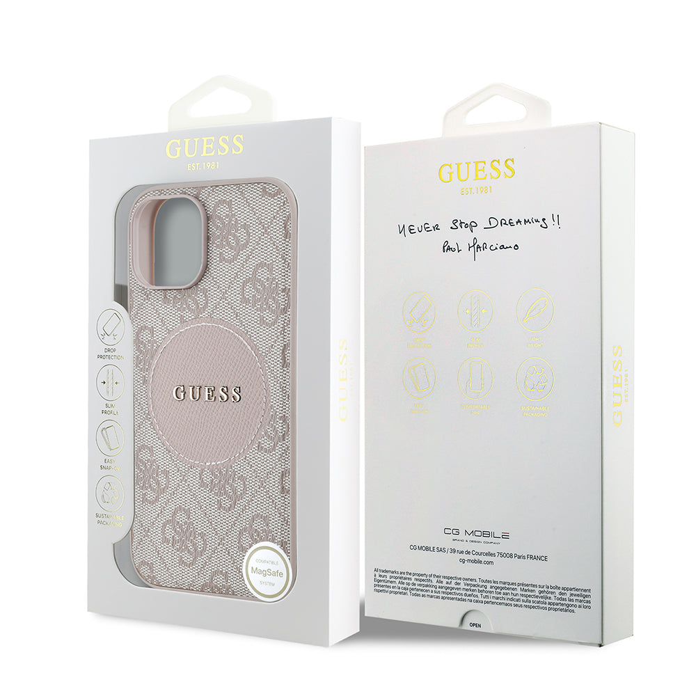 Apple iPhone 15 Kılıf Guess Orjinal Lisanslı M-safe Şarj Özellikli Yazı Logolu Circle Classic Kapak