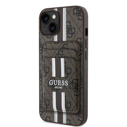 Apple iPhone 15 Kılıf Guess Orjinal Lisanslı M-safe Şarj Özellikli 4G Desenli Çizgili Kartlıklı Kapak