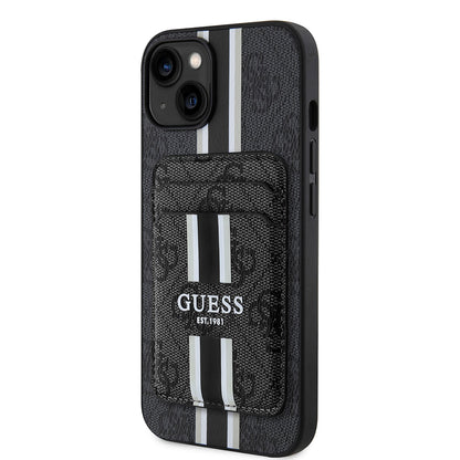 Apple iPhone 15 Kılıf Guess Orjinal Lisanslı M-safe Şarj Özellikli 4G Desenli Çizgili Kartlıklı Kapak