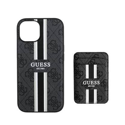 Apple iPhone 15 Kılıf Guess Orjinal Lisanslı M-safe Şarj Özellikli 4G Desenli Çizgili Kartlıklı Kapak