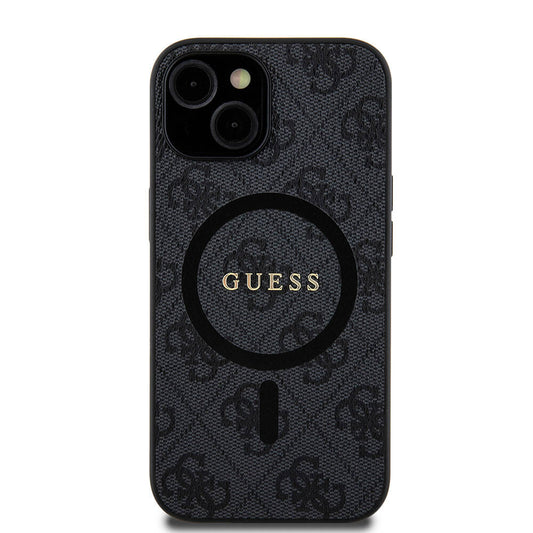 Apple iPhone 15 Kılıf Guess Orjinal Lisanslı M-safe Şarj Özellikli PU Halkalı 4G Desenli Yazı Logolu Kapak