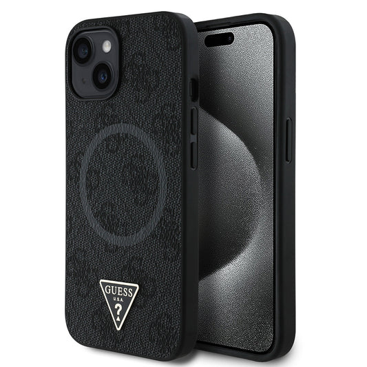 Apple iPhone 15 Kılıf Guess Orjinal Lisanslı M-safe Şarj Özellikli PU Üçgen Logo 4G Desenli Kapak