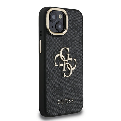 Apple iPhone 15 Kılıf Guess Orjinal Lisanslı PU Deri 4G Desenli Metal Büyük 4G ve Yazı Logolu Kamera Standlı Kapak