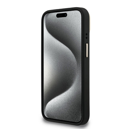 Apple iPhone 15 Kılıf Guess Orjinal Lisanslı PU Deri 4G Desenli Metal Büyük 4G ve Yazı Logolu Kamera Standlı Kapak