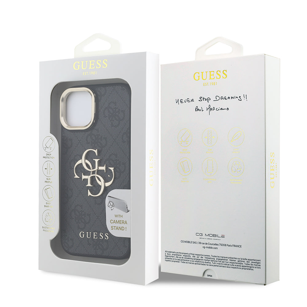 Apple iPhone 15 Kılıf Guess Orjinal Lisanslı PU Deri 4G Desenli Metal Büyük 4G ve Yazı Logolu Kamera Standlı Kapak