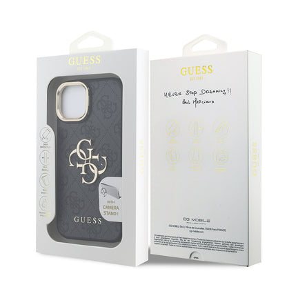 Apple iPhone 15 Kılıf Guess Orjinal Lisanslı PU Deri 4G Desenli Metal Büyük 4G ve Yazı Logolu Kamera Standlı Kapak