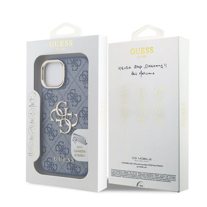 Apple iPhone 15 Kılıf Guess Orjinal Lisanslı PU Deri 4G Desenli Metal Büyük 4G ve Yazı Logolu Kamera Standlı Kapak