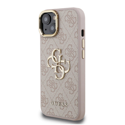 Apple iPhone 15 Kılıf Guess Orjinal Lisanslı PU Deri 4G Desenli Metal Büyük 4G ve Yazı Logolu Kamera Standlı Kapak