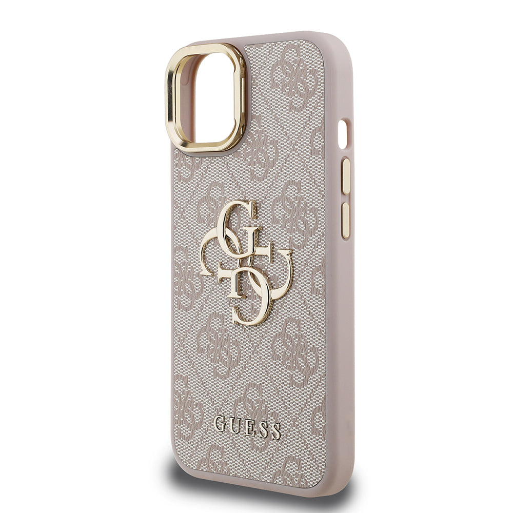 Apple iPhone 15 Kılıf Guess Orjinal Lisanslı PU Deri 4G Desenli Metal Büyük 4G ve Yazı Logolu Kamera Standlı Kapak