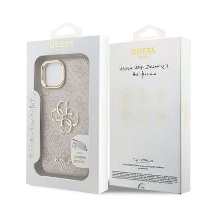 Apple iPhone 15 Kılıf Guess Orjinal Lisanslı PU Deri 4G Desenli Metal Büyük 4G ve Yazı Logolu Kamera Standlı Kapak