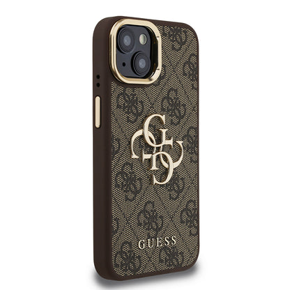 Apple iPhone 15 Kılıf Guess Orjinal Lisanslı PU Deri 4G Desenli Metal Büyük 4G ve Yazı Logolu Kamera Standlı Kapak