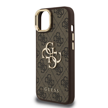 Apple iPhone 15 Kılıf Guess Orjinal Lisanslı PU Deri 4G Desenli Metal Büyük 4G ve Yazı Logolu Kamera Standlı Kapak