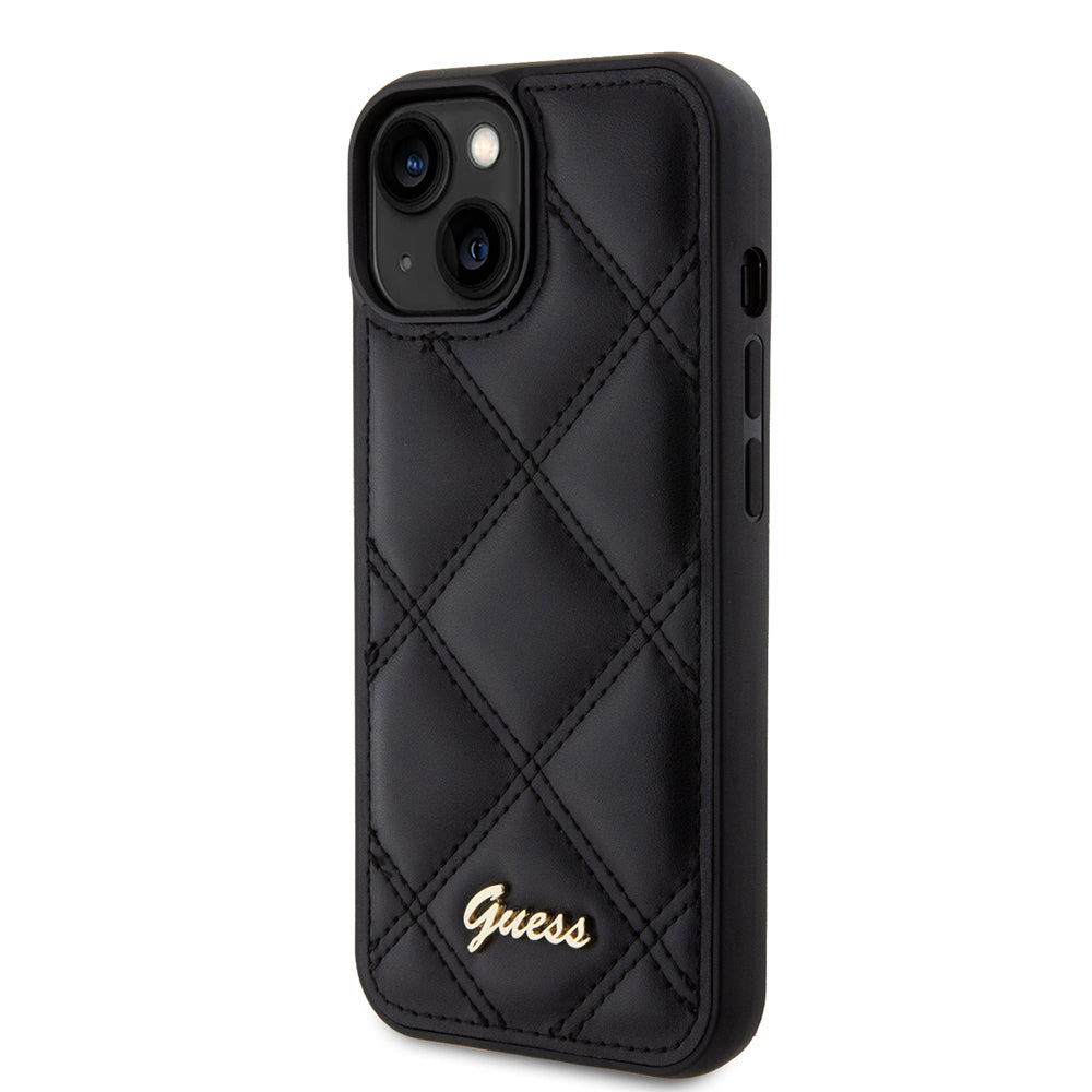 Apple iPhone 15 Kılıf Guess Orjinal Lisanslı PU Deri Metal Yazı Logolu Kapitone Kapak