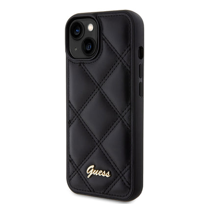 Apple iPhone 15 Kılıf Guess Orjinal Lisanslı PU Deri Metal Yazı Logolu Kapitone Kapak