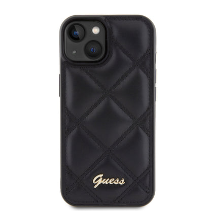 Apple iPhone 15 Kılıf Guess Orjinal Lisanslı PU Deri Metal Yazı Logolu Kapitone Kapak