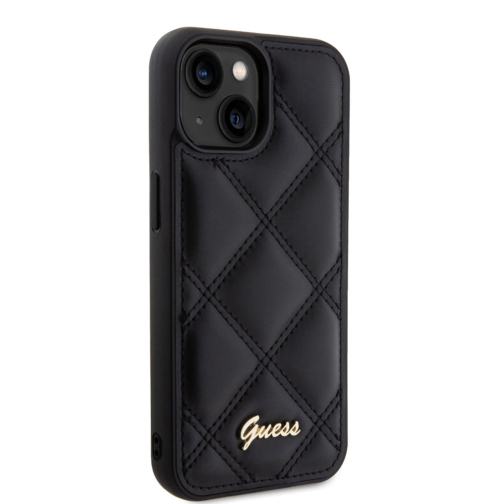 Apple iPhone 15 Kılıf Guess Orjinal Lisanslı PU Deri Metal Yazı Logolu Kapitone Kapak